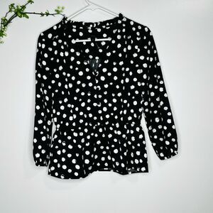 J Crew Women's Black Polka Dot V Neck Peplum Button Up Blouse Size 0